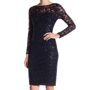 MARINA Navy Blue Lace Sequin Dress
